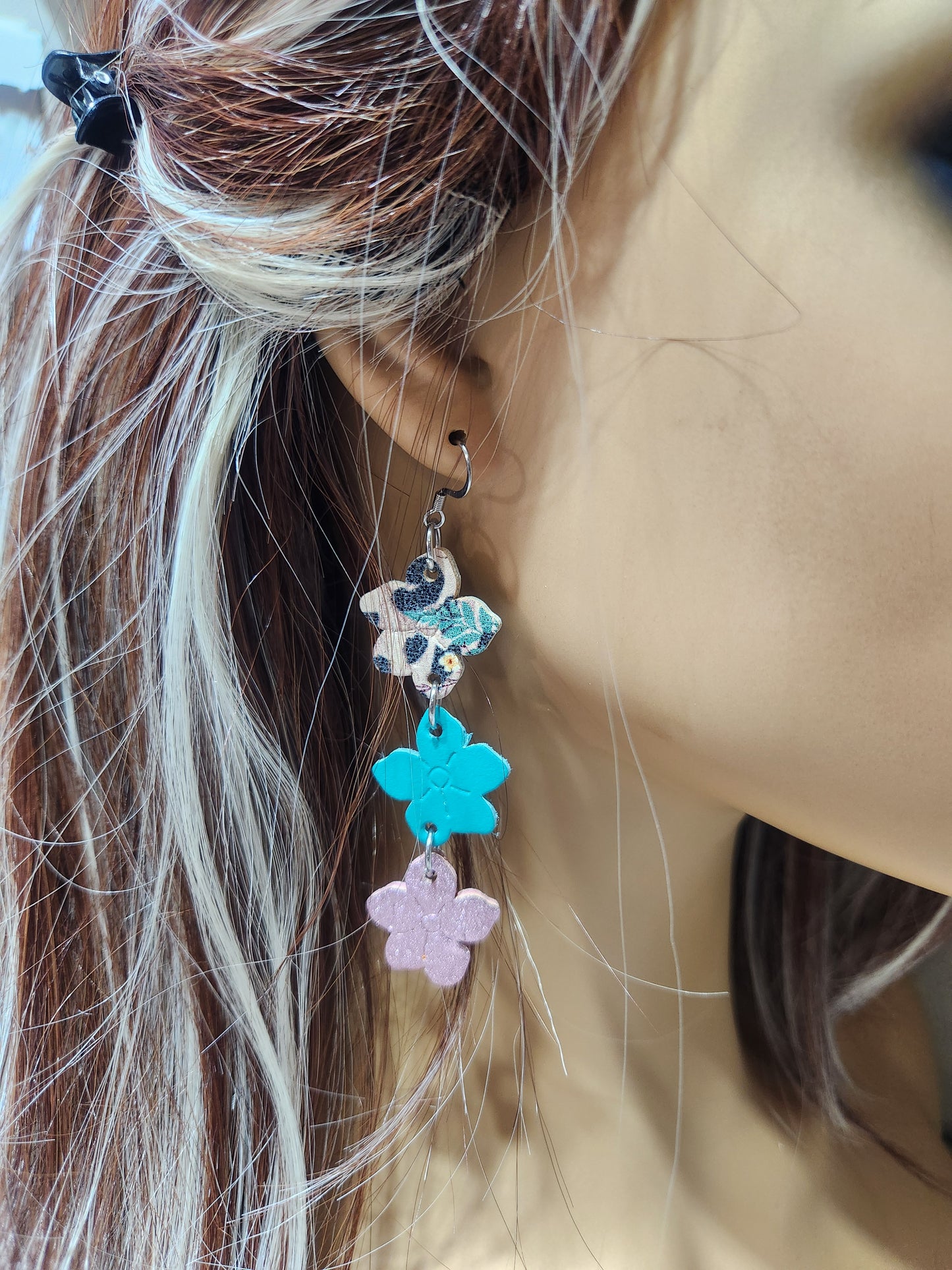 Embossed stacked Flowers Teal and Shimmery Pink