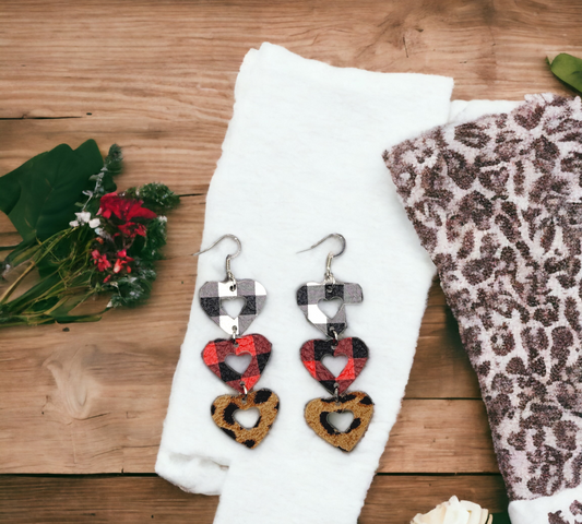 Plaid And Leopard Triple Heart Dangle