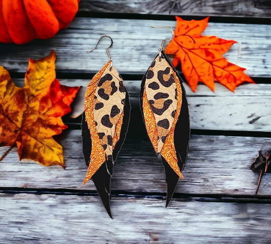 Leopard/Iridescent Orange and Black Feathers