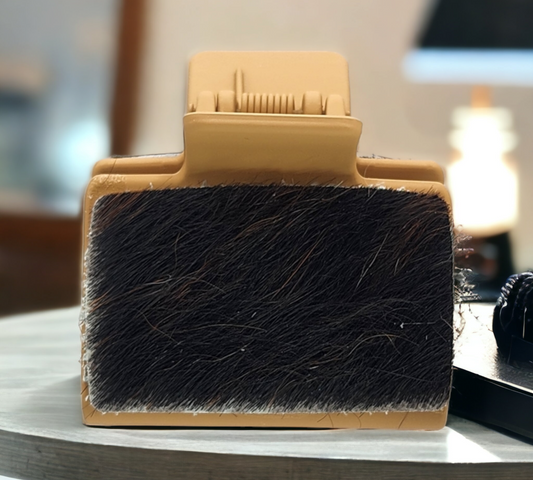 Dark brown leather on orange cream hair clip (SMALL 2")