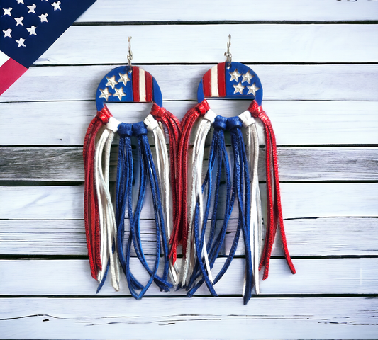 Patriotic stamped Fringe Earrings