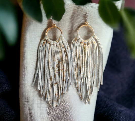 White and Gold Glazed Nubuck Fringe on Gold Hoop