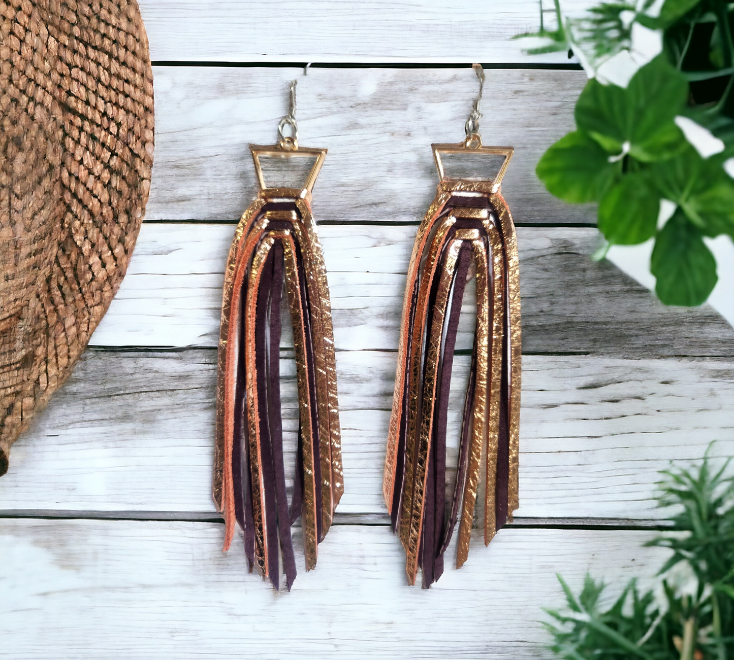 Rose gold and Burgundy Fringe on Triangle Bezel