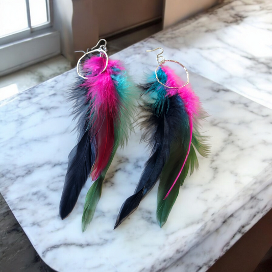 Pink, Blue and Black Feathers with Accent Hoop
