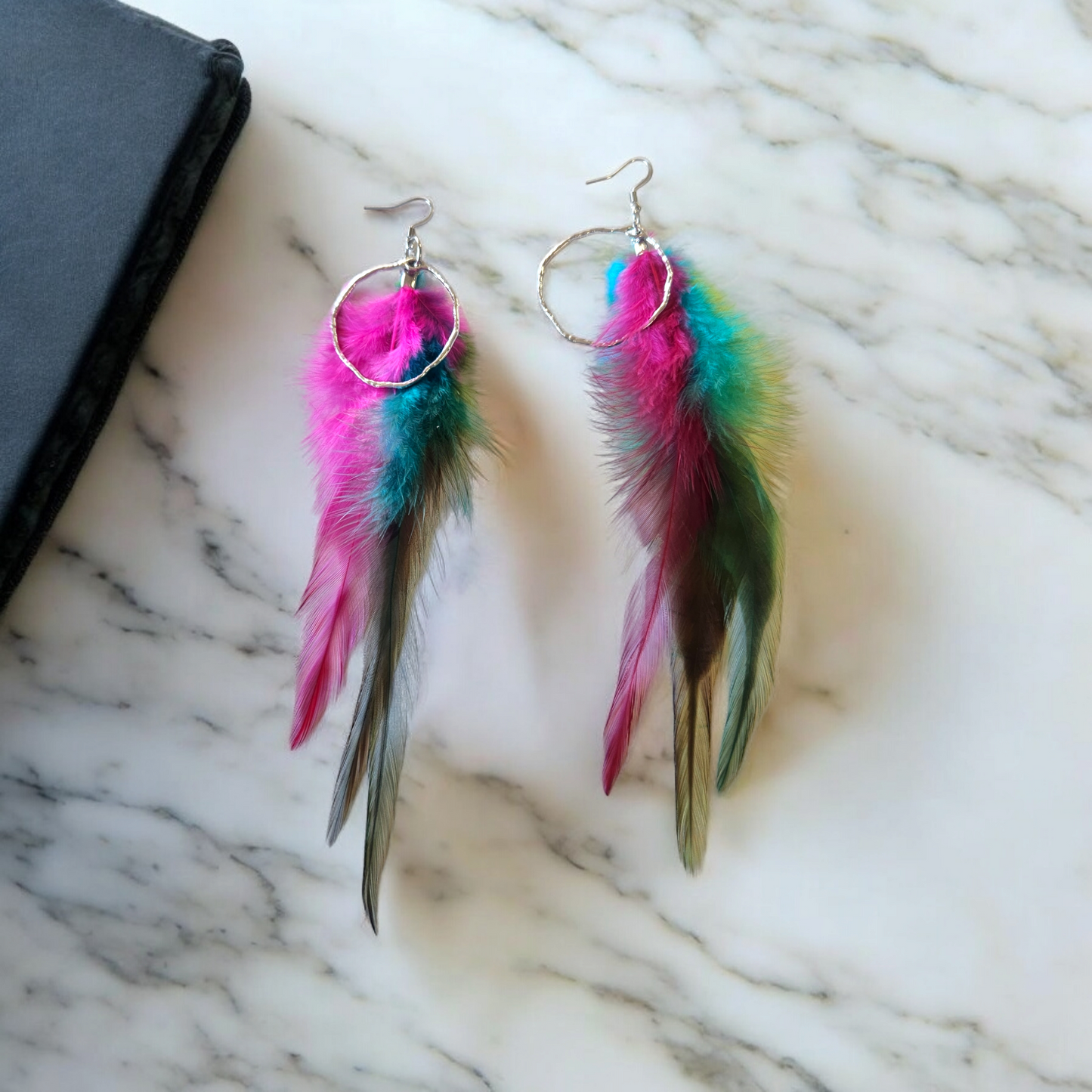 Pink, Blue and Green Feathers with Accent Hoop