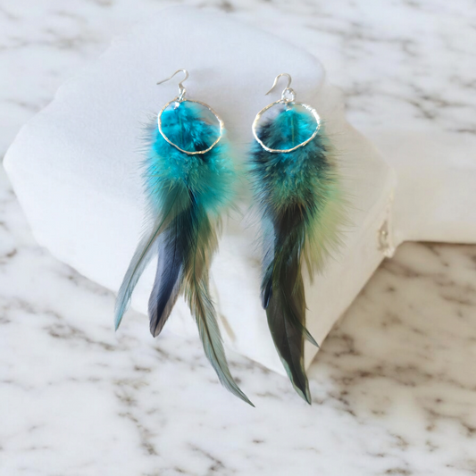 Blue and green feathers with Accent Hoop