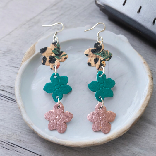 Embossed stacked Flowers Teal and Shimmery Pink