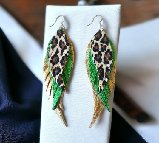 Leopard/Green and Gold Fringe Feathers