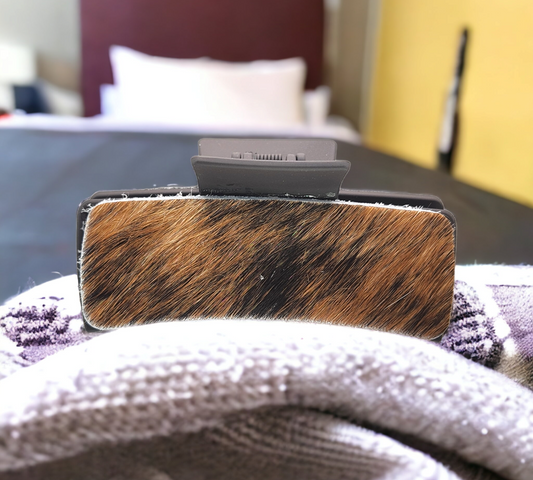 Dark brown/tan leather on mocha colored clip (LARGE) 4"