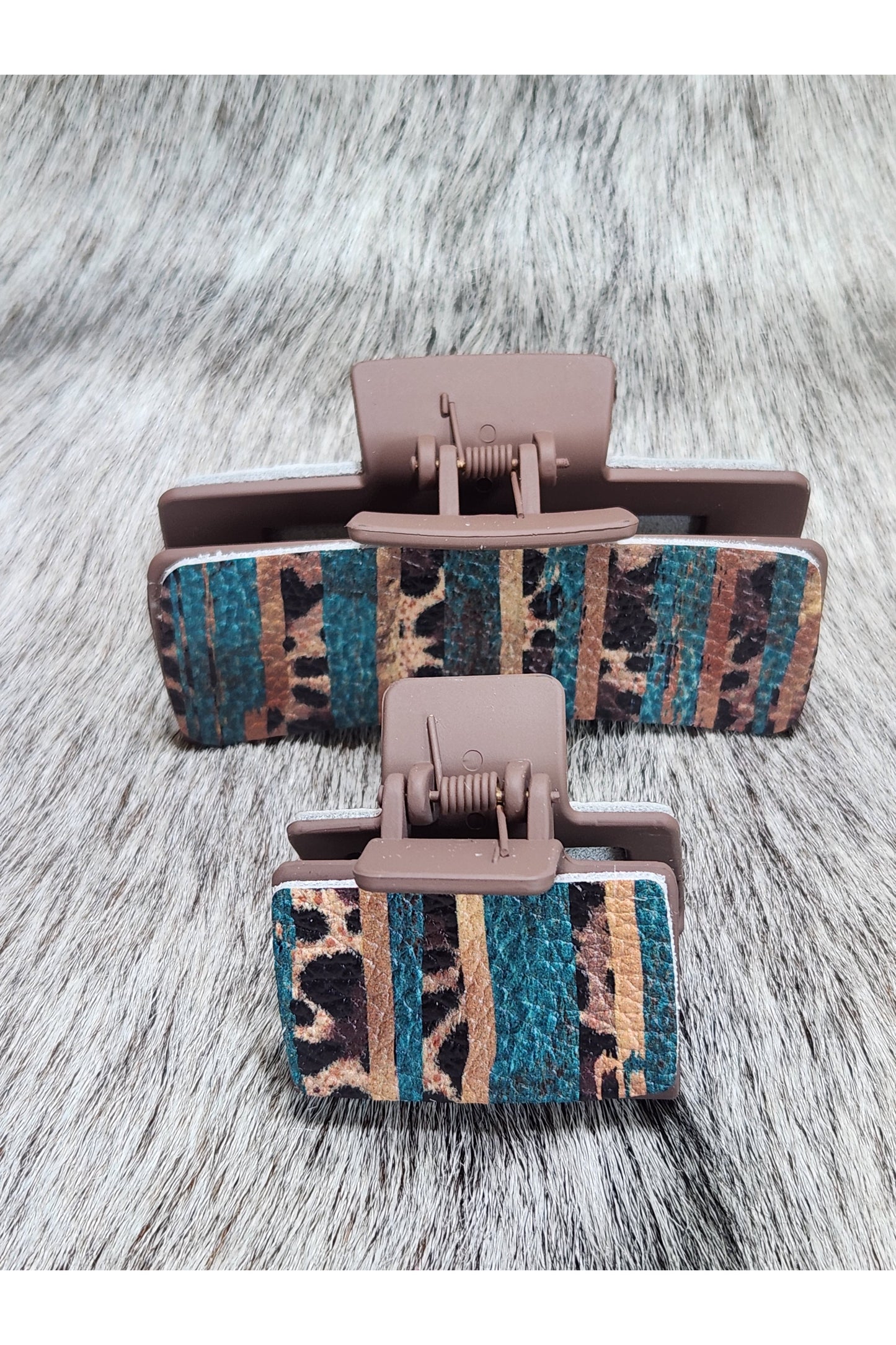 Brown and Teal Leopard Hair Clips