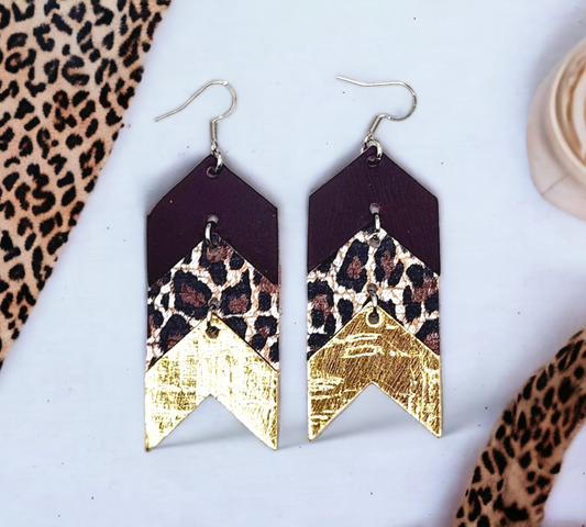 Burgundy/Leopard/Gold Chevron Earrings