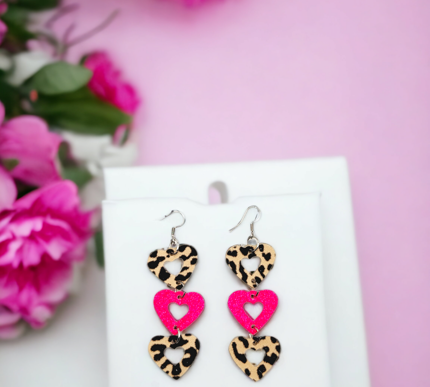 Leopard and Hot Pink Triple Hearts