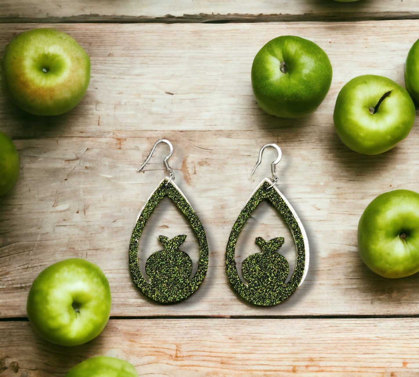 Olive Green Glitter Apple Earrings