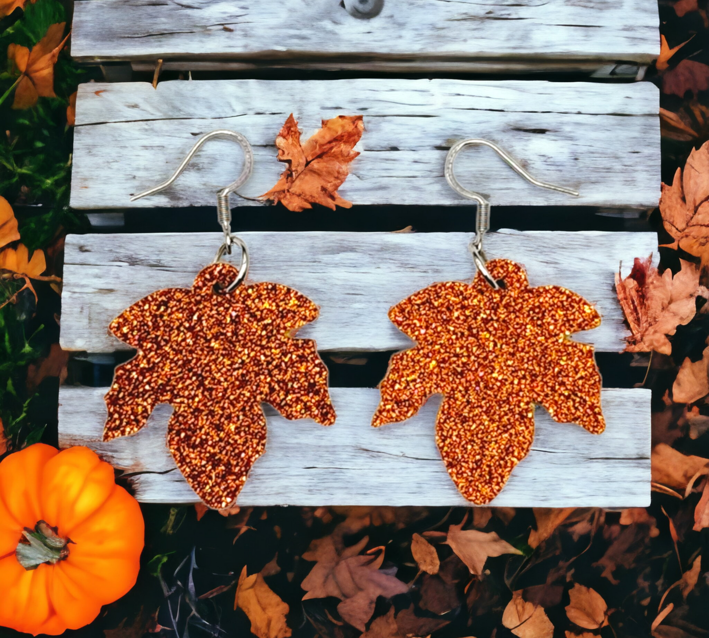 Burnt Orange Glitter Maple Leaves