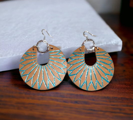 Light Brown and Teal Glitter Embossed Sunray