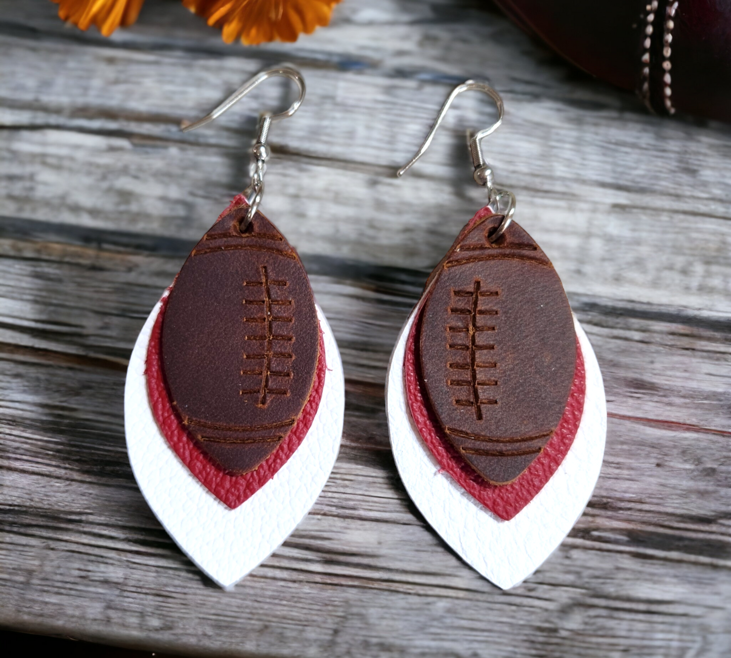 Red and White Football Earrings