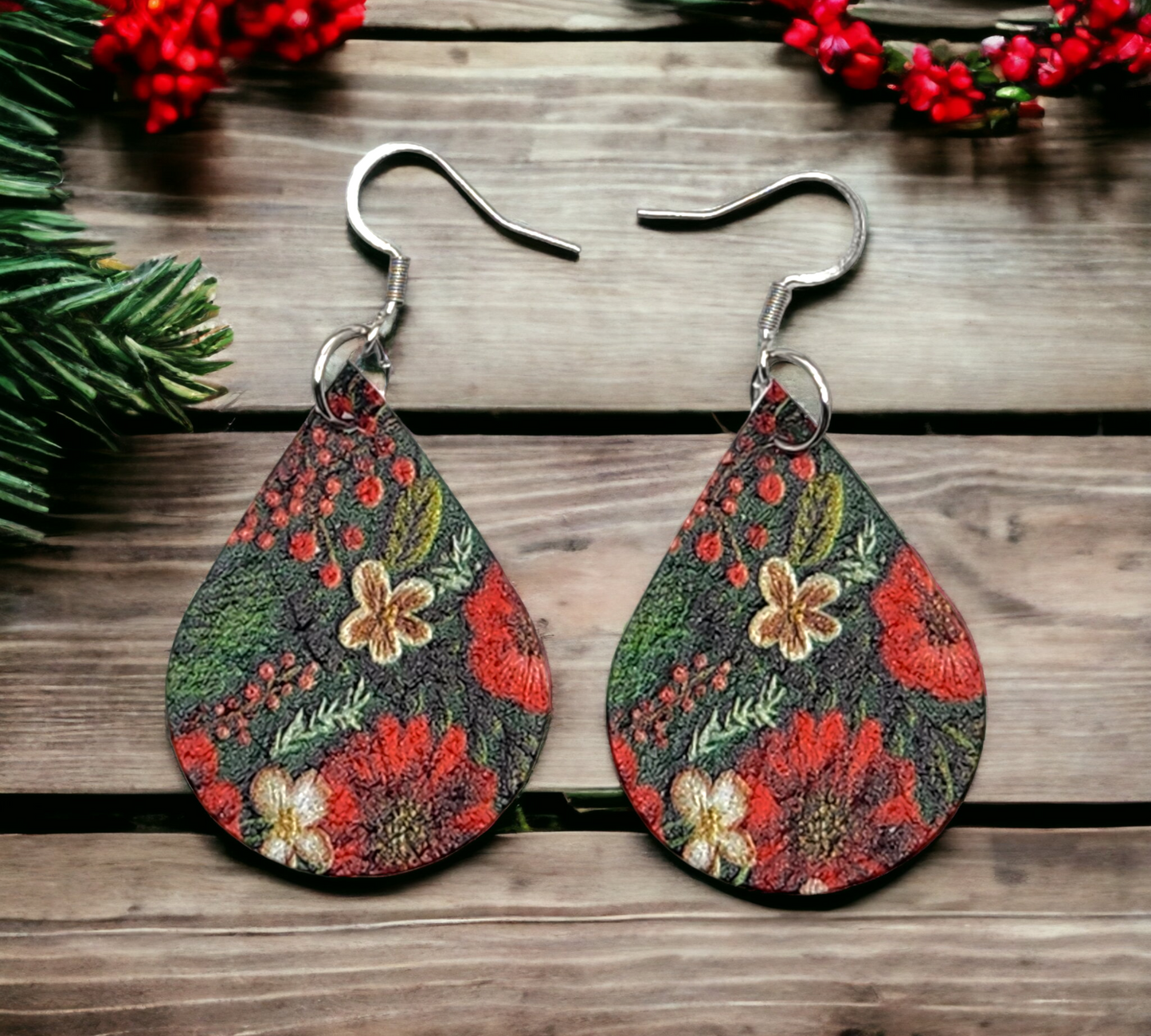 Red and Green Christmas Floral Teardrops