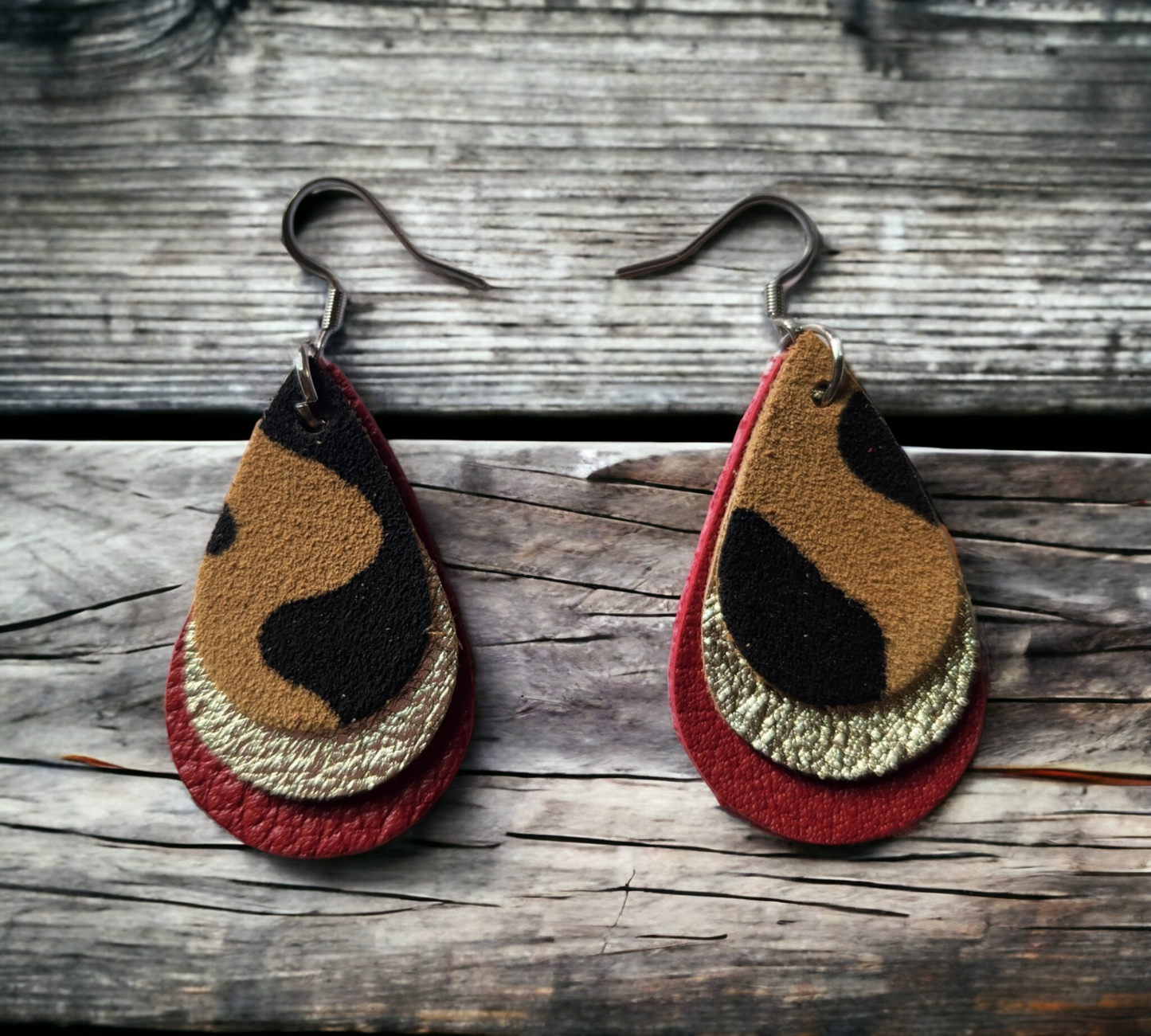 Leopard/Gold and Red stacked teardrops