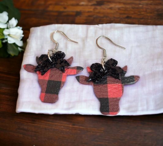 Red Plaid and Black Bow Cow heads