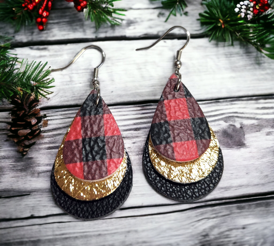 Red plaid/ Gold and Black Teardrops
