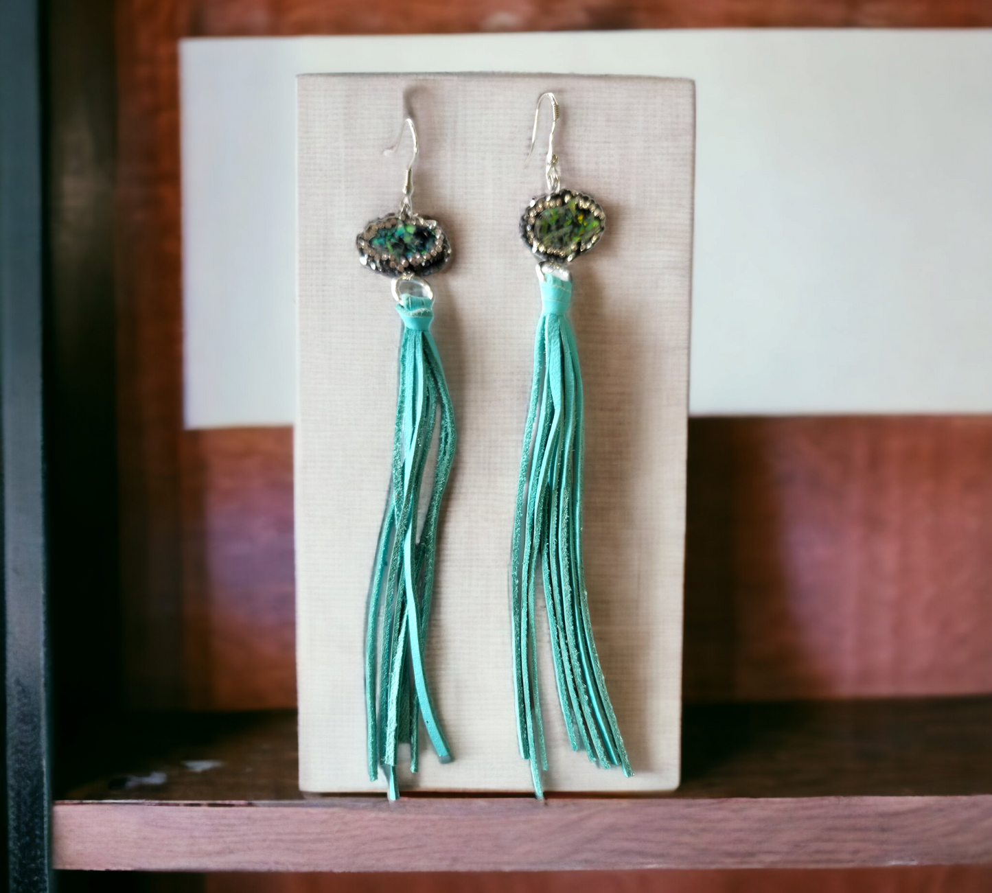 Teal Fringe with  Emerald Colored Stone