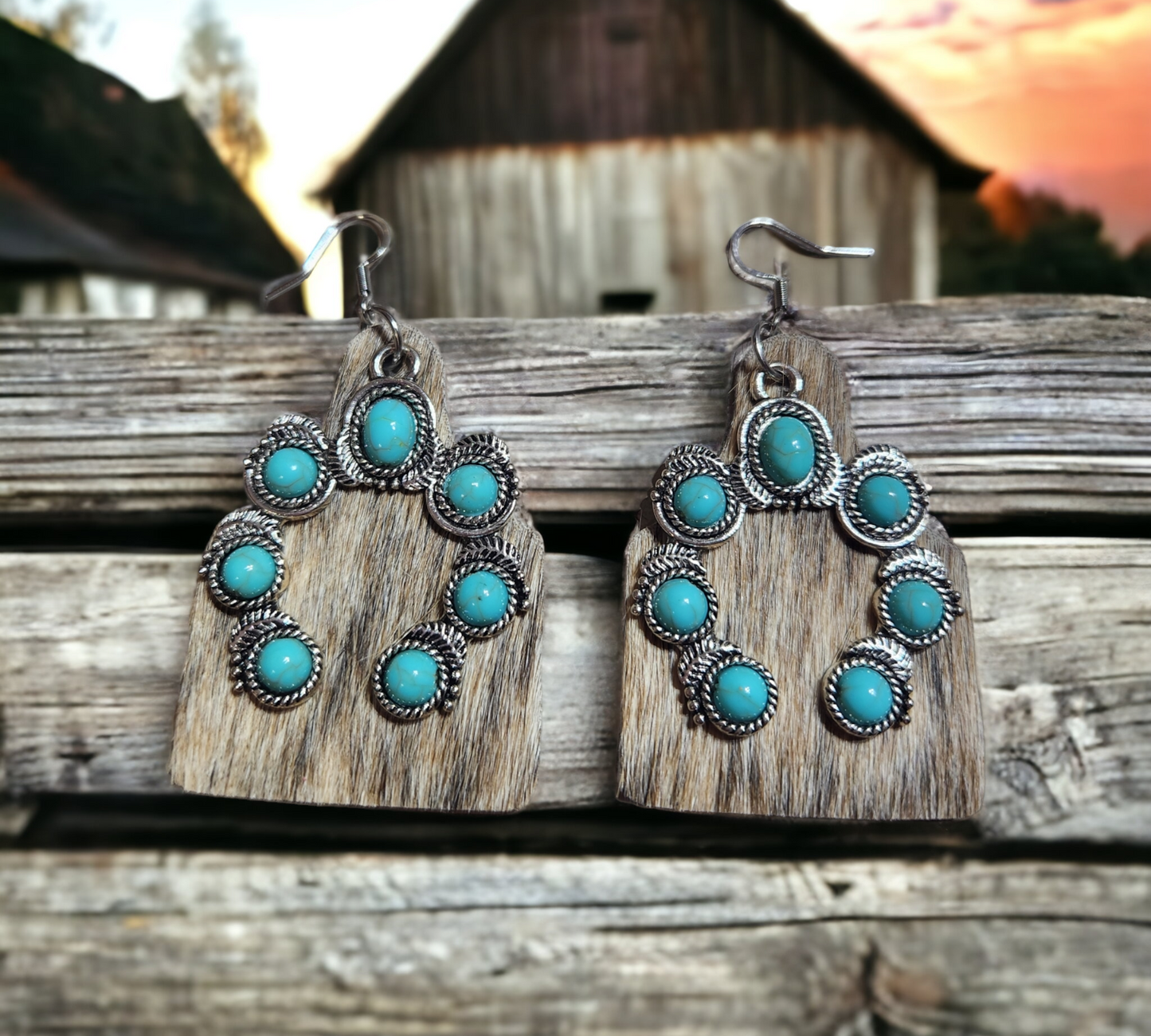 Hair on Leather Cow Tag with Turquoise Charm