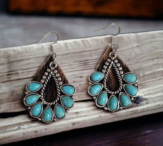 Hair on Leather Teardrops with Turquoise Charm