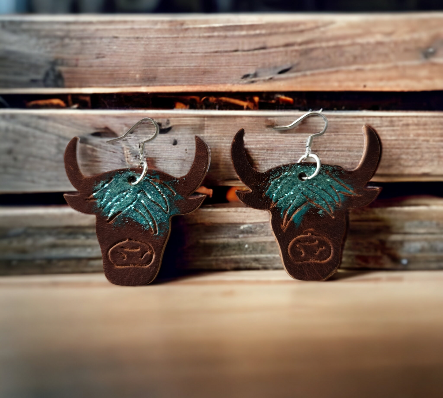Highland Cow Brown and Teal Embossed Earring