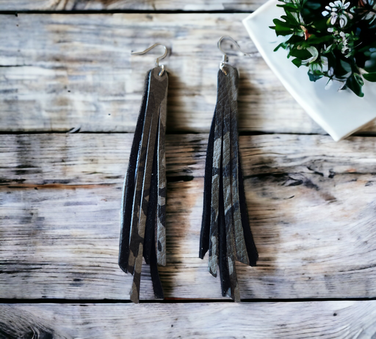 Grey and Green Camo Fringe Earrings