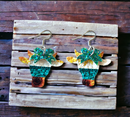 Sunflower Cow Head Earrings with bows