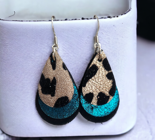 Leopard/Teal and Black stacked teardrops