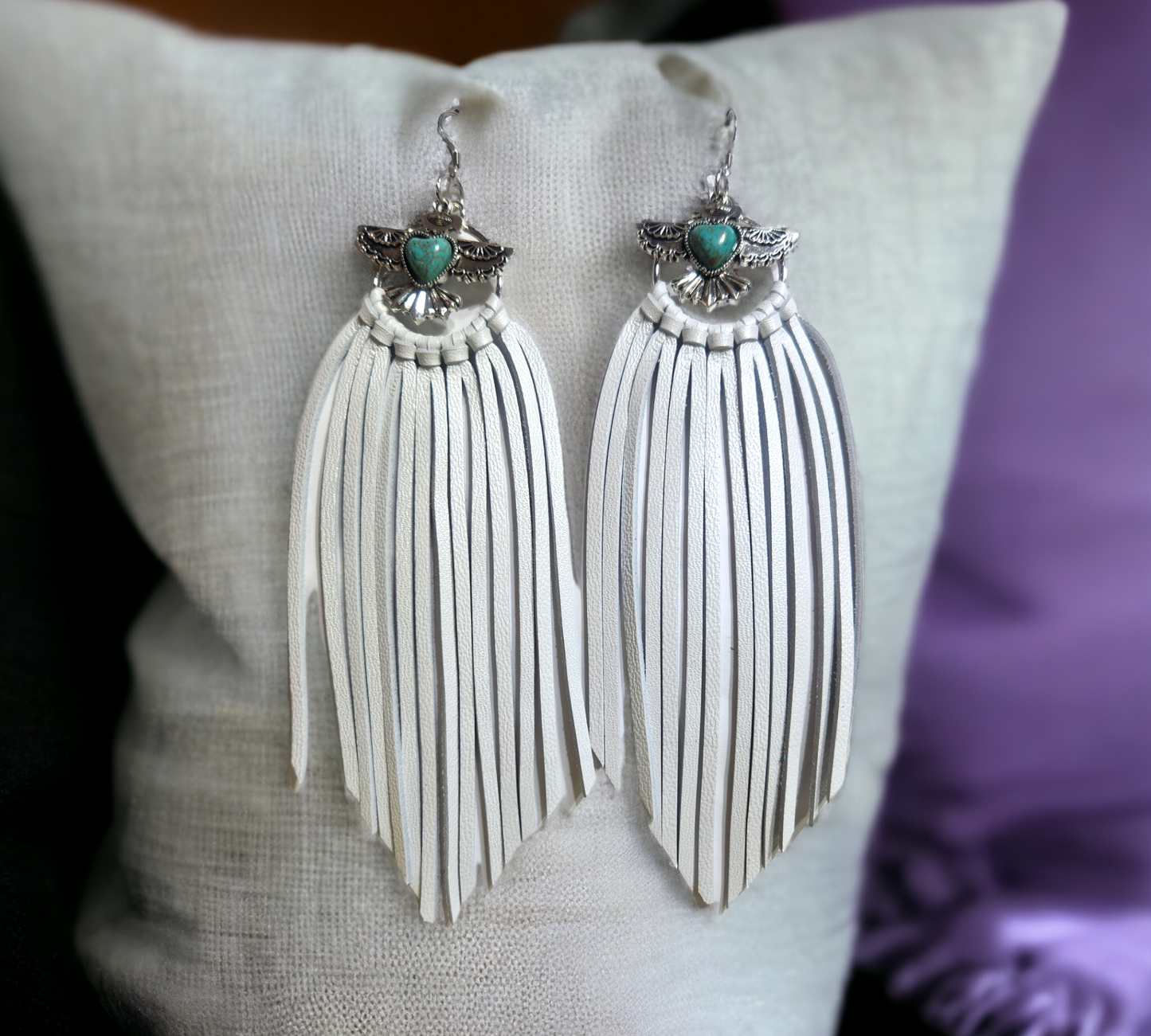 White Pearlized Fringe with Boho Charm on round bezel