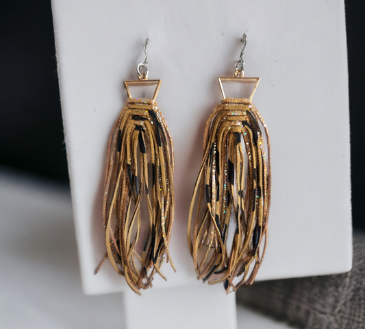 Light Brown Leopard and Shimmery Tan Fringe over triangle bezel