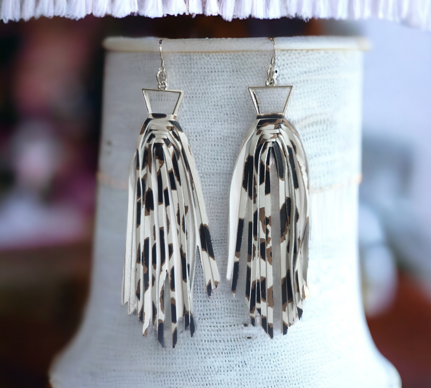 White and Brown Leopard Fringe Earrings