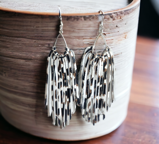 White and Brown Leopard Fringe Earrings