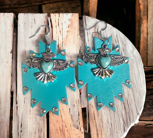 Teal Blue Aztec Earrings with Rhinestones and Charm