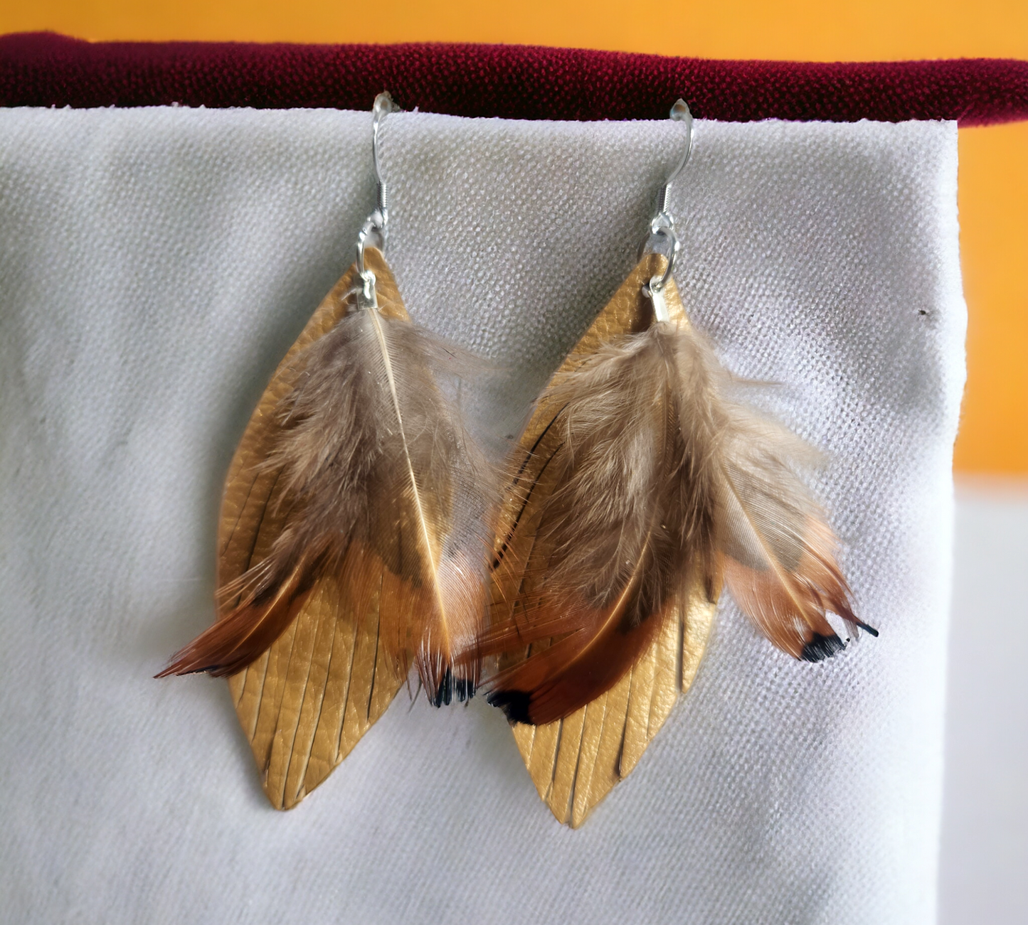 Light Tan Fringe Earrings accented with genuine light grey/reddish feathers