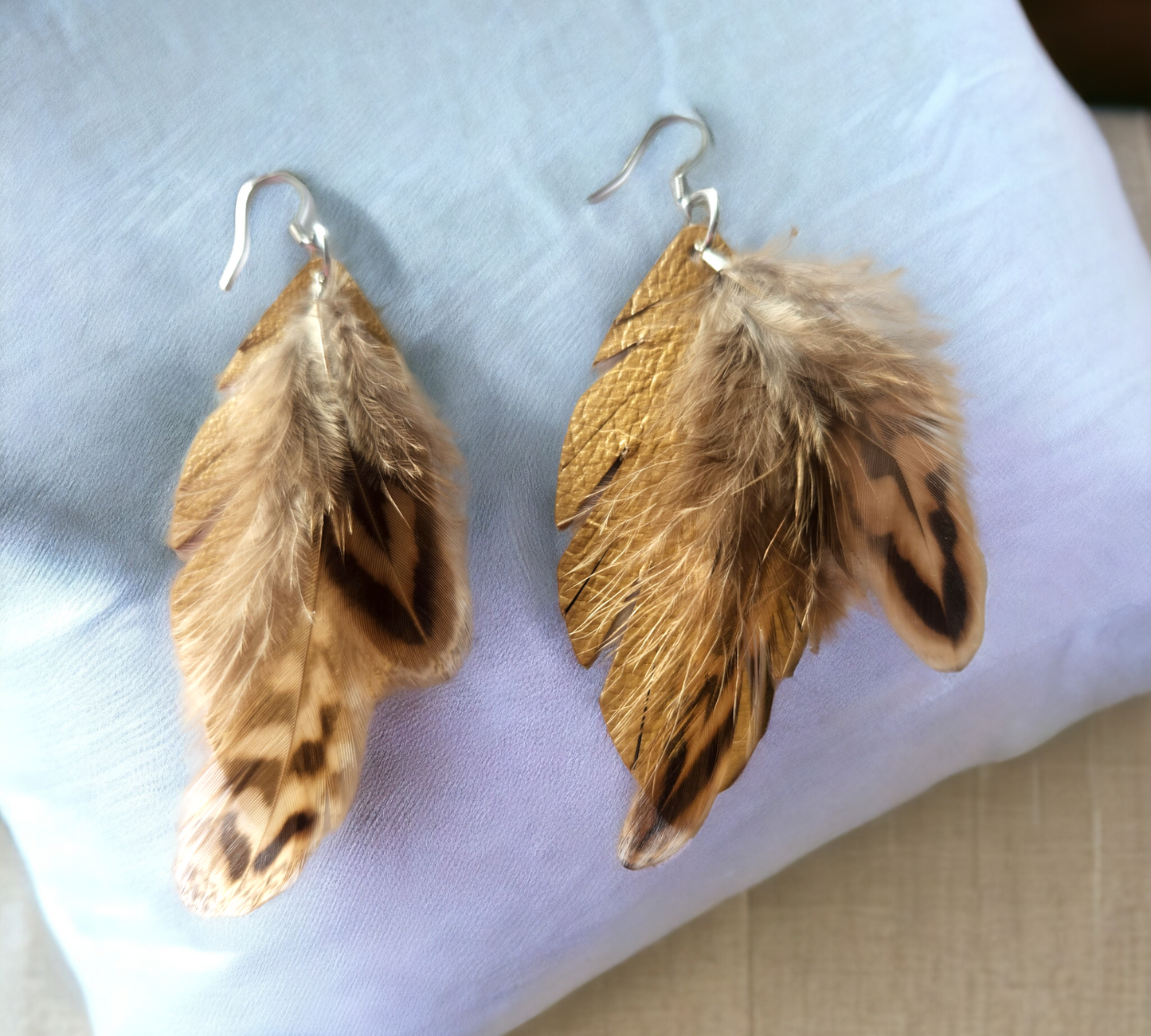 Light tan feather earrings accented with genuine pheasant feathers