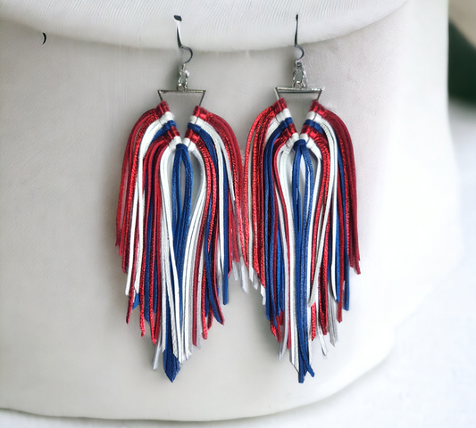 Red, White and Blue Larks Knot Earrings on Triangle Bezel