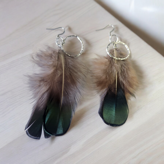 Brown Feathers with green bottoms with hoop accent