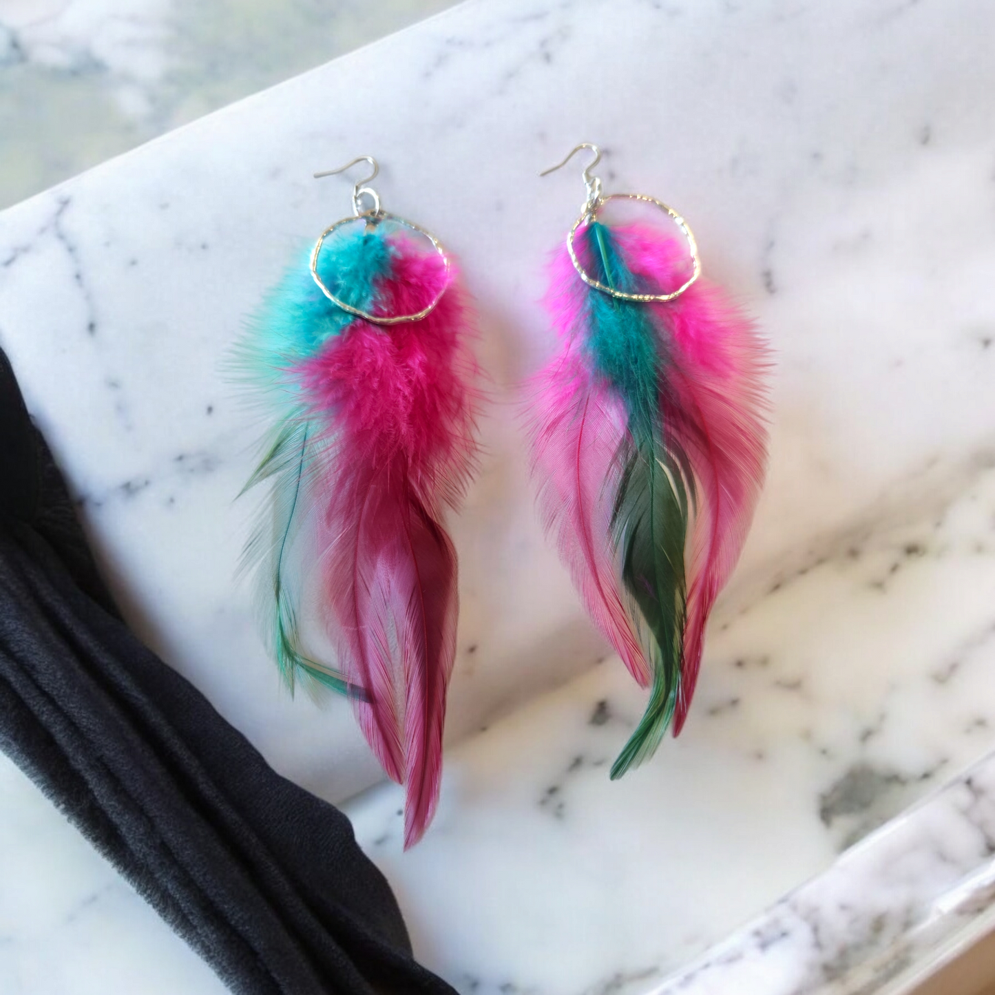 Blue and Pink Feathers with Accent Hoop