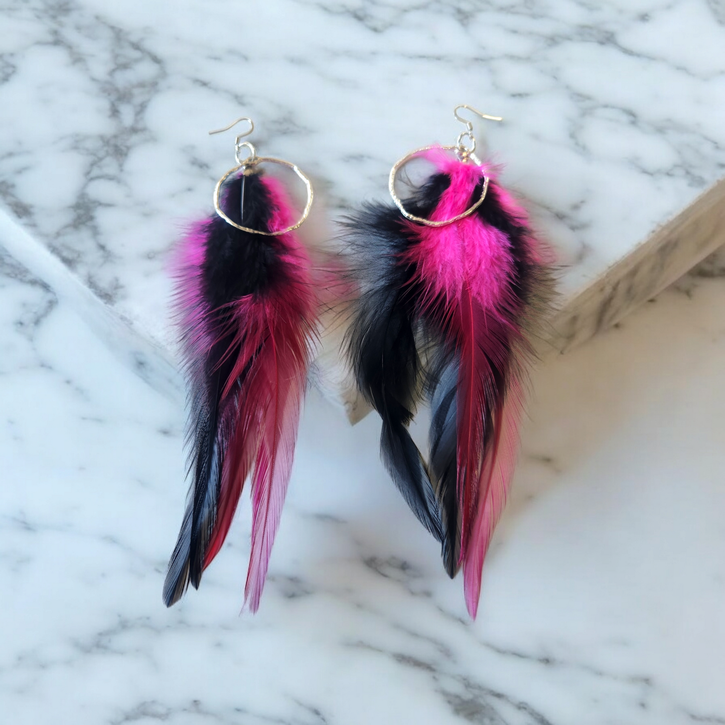 Bright pink and Black Feathers with Accent Hoop