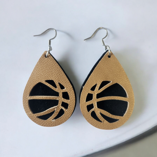 Tan and black basketball teardrop earrings