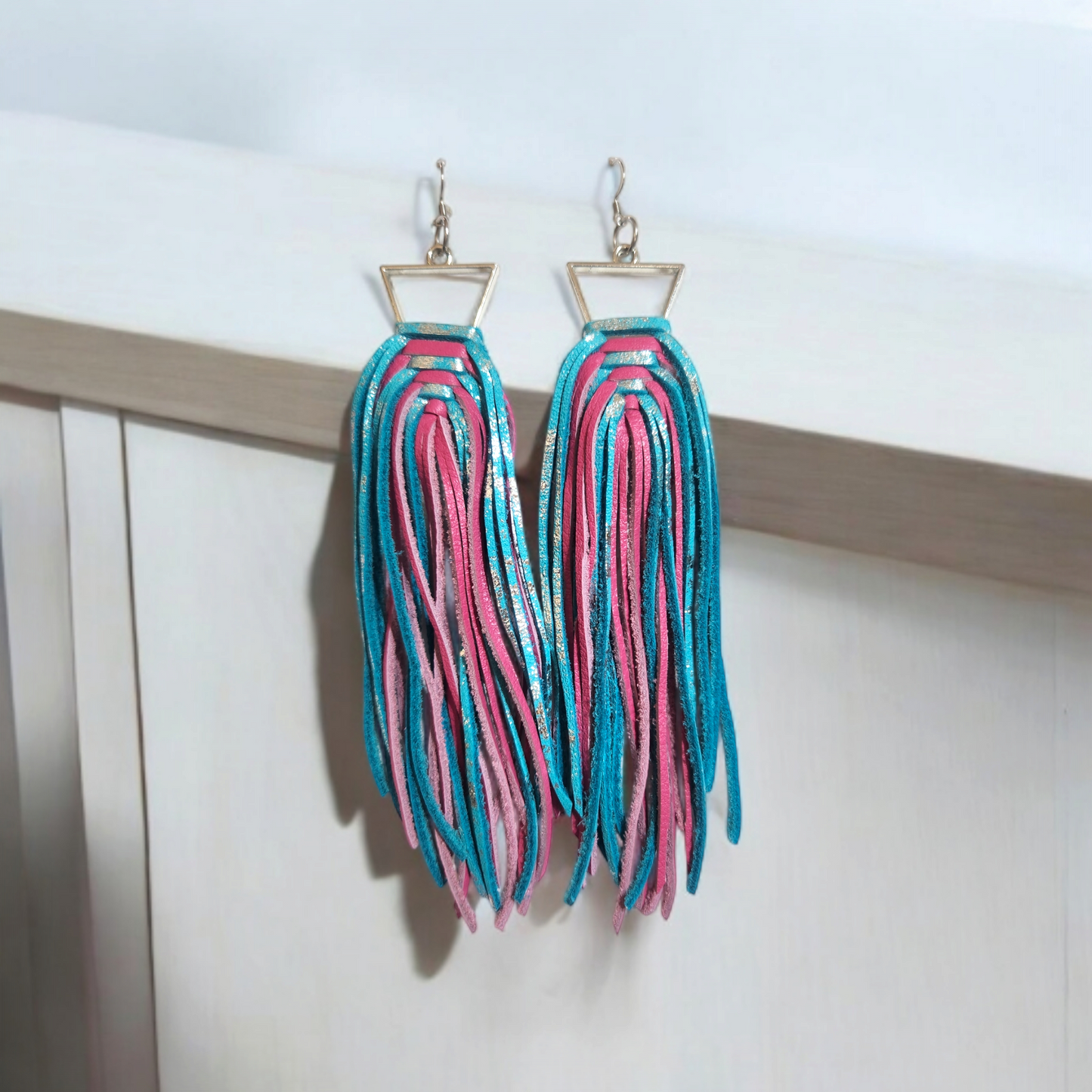 Blue and Pink Braided Fringe on Triangle Bezel