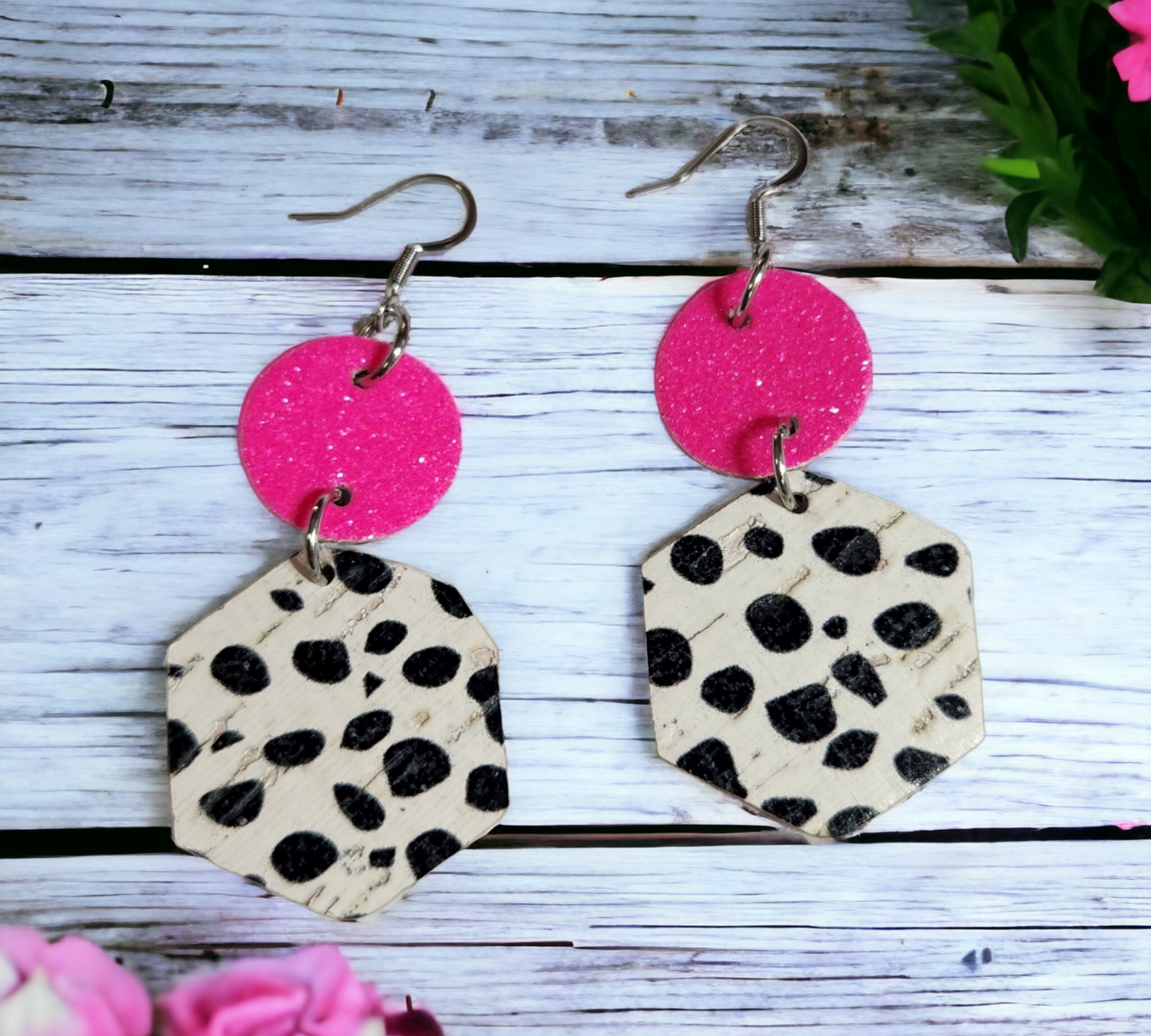 Hot Pink and Dalmatian Earrings (CORK)