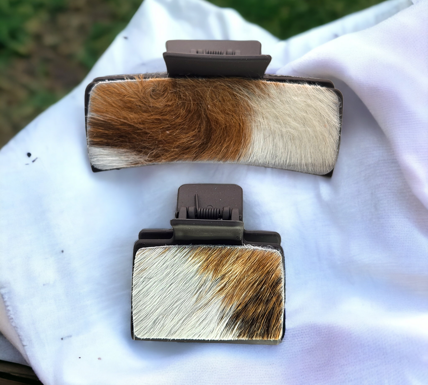 White and Brown leather on Mocha colored hair clip