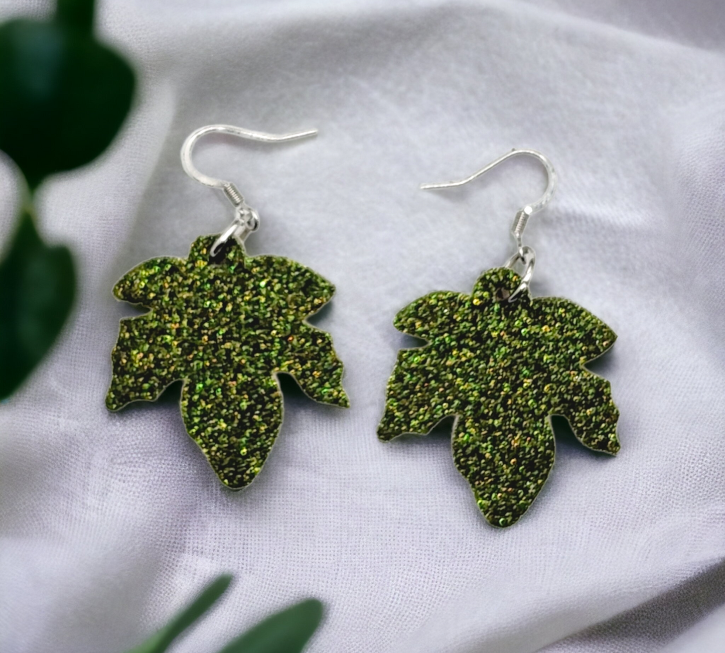 Olive Green Glittery Maple Leaves