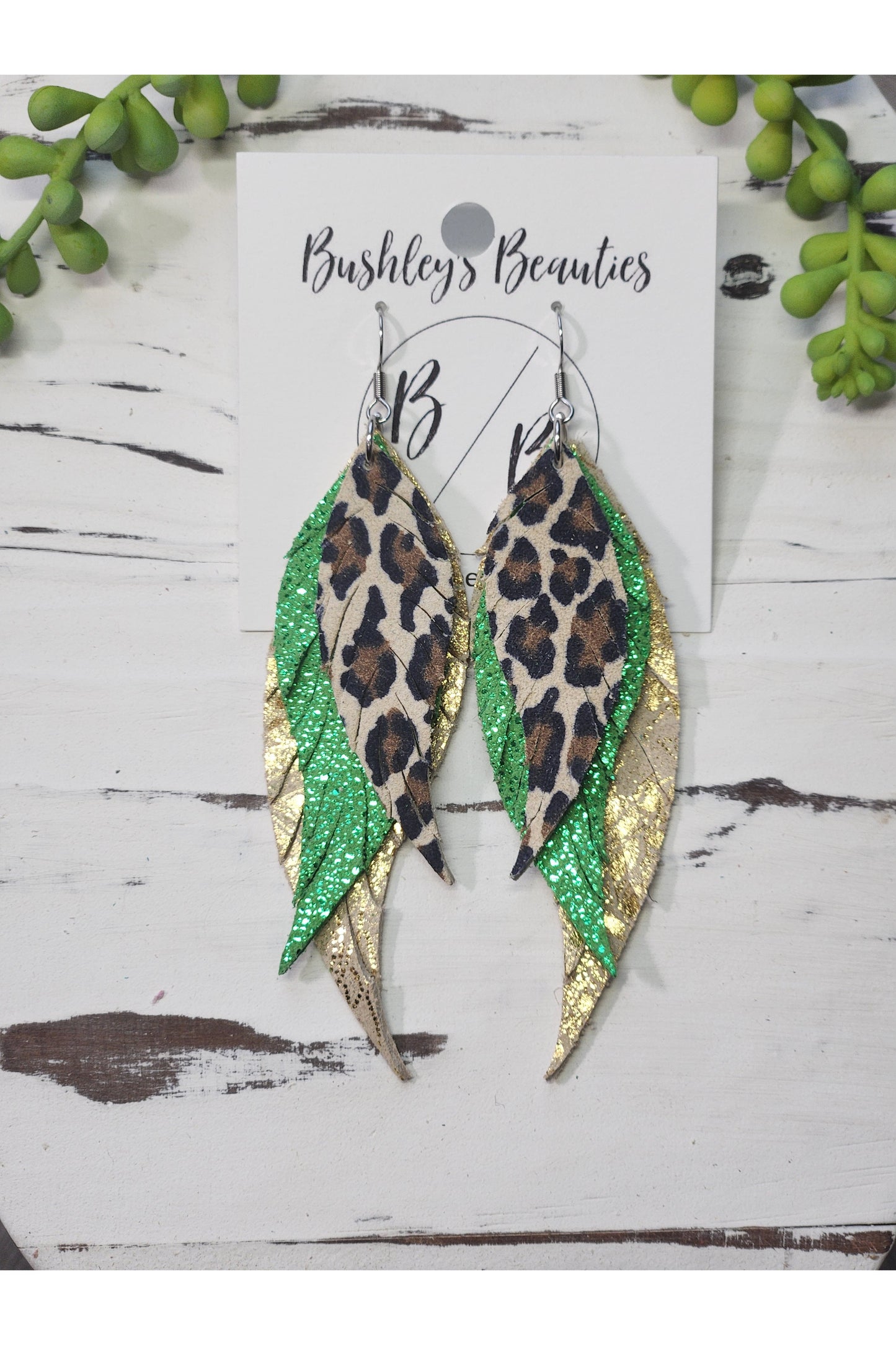 Leopard/Green and Gold Fringe Feathers